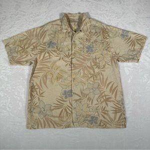 Tommy Bahama Shirt Men Size M Beige Hawaiian Tropical Short Sleeve 100% Silk